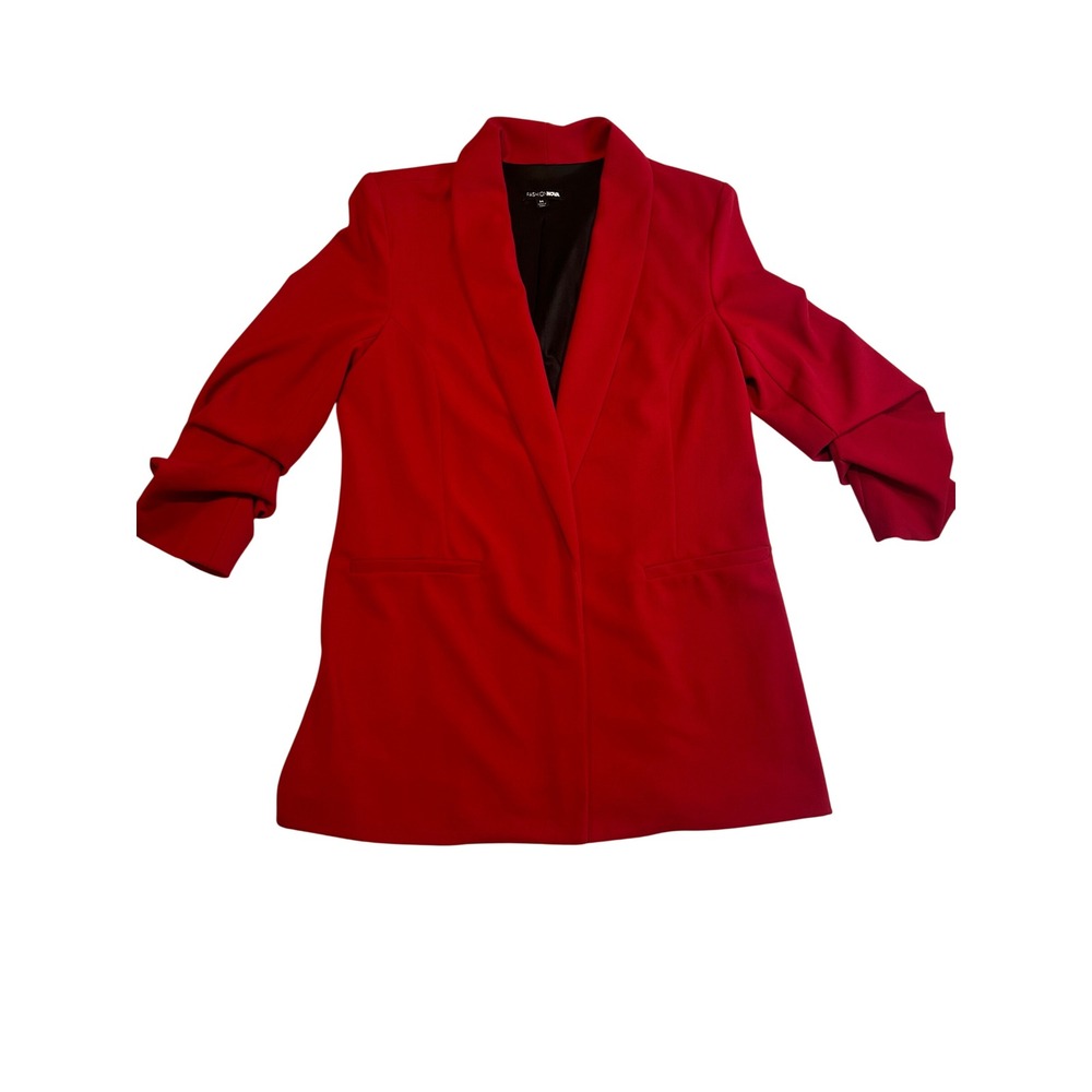 Fashion Nova Womens Red Ruched Sleeve Shawl Collar Open Front Blazer Size M